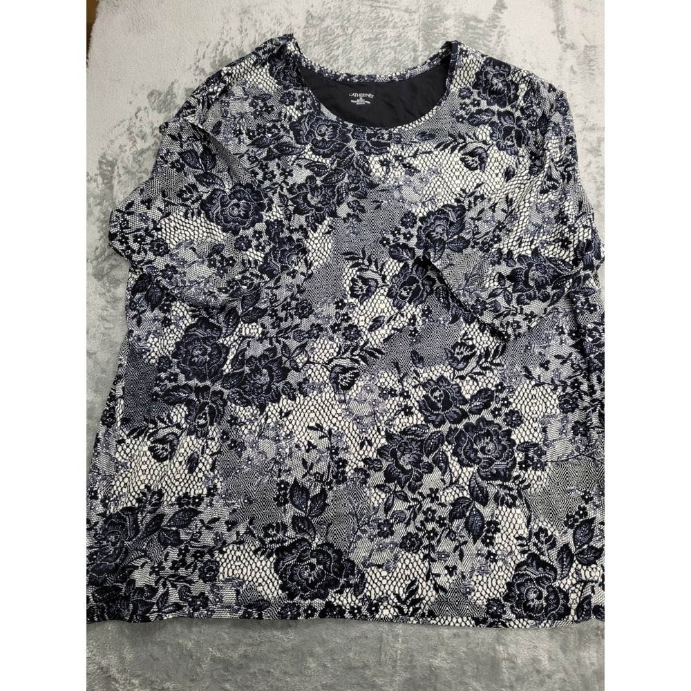 Catherines Floral Lace Print Top Women 3X 26/28W Navy Blue Cotton Tee